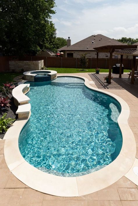 QuartzScapes Regular Series Mariner Blue | NPT Pool Finishes Home Swimming Pool Ideas Backyards, Free Form Pool With Hot Tub, Circle Pool Ideas, Simple Swimming Pool Designs, Medium Size Pool Designs, Organic Pool Design, Pool Shapes Layout, Round Pool Landscaping, Pool Renovation Before And After