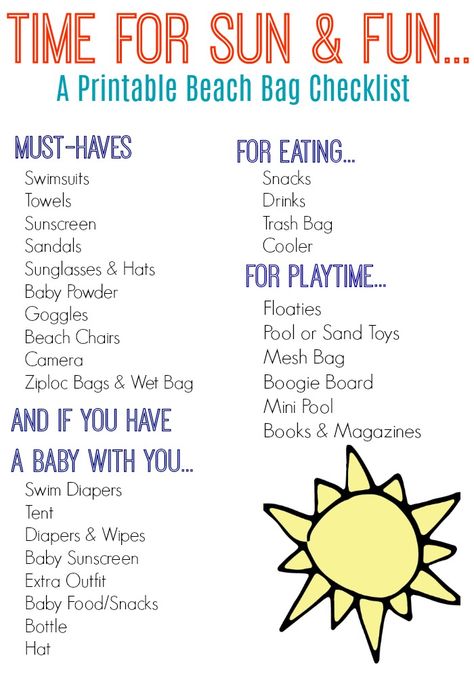 Printable Beach Bag Checklist || The Chirping Moms Lake Day Checklist, Beach Day Necessities, Beach Bag Checklist, Beach Bag Essentials For Moms, Waterpark Checklist, Beach Day Essentials Food, Boating Checklist, Water Park Packing List, Beach Day Checklist