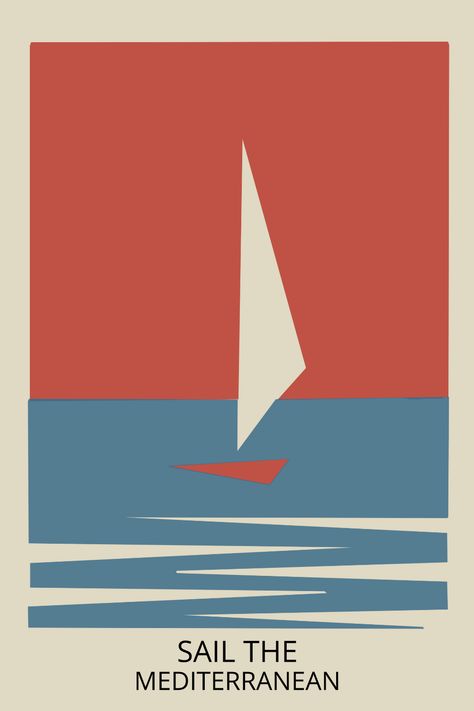 Modern Sailing Art, Mediterranean Poster Design, Sailboat Graphic Design, Boat Advertising Design, Graphic Travel Poster, Vintage Sailing Poster, Sailing Poster Design, French Style Graphic Design, Boat Poster Design