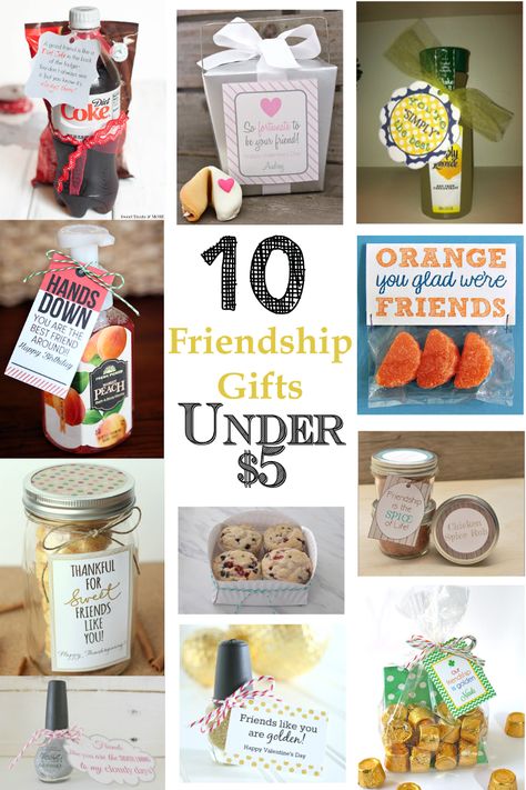 10 gifts under $5. For birthdays, Christmas, or just because. Includes free printables! -TheGraciousWife.com Puns For Gifts, Secret Pal Sayings Quotes, 5 Gift Ideas, Pun Christmas Gift Ideas, Just Because Friend Gifts, Pun Christmas Gifts, Friendship Basket Ideas, Secret Pal Gift Ideas, Diy Friendship Gifts