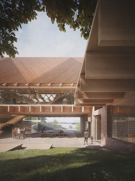 Anno Domkirkeodden - Haptic Wooden Office Design, Retirement Architecture, Famous Structures, Timber Architecture, Wooden Facade, Wooden Architecture, Architectural Rendering, Wood Roof, Wood Architecture