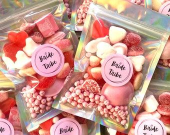 Hens Party Favour Ideas, Pick A Mix Sweets, Sweet Bag Ideas, Hens Party Bags, Hen Party Set Up, Hens Party Favours, Hen Do Favours, Pick And Mix Sweets, Hens Party Gift Bags