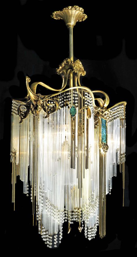 Art Nouveau ormolu five light chandelier, in the manner of Hector Guimard. French late 19th/early 20thC Fancy Chandelier, Hector Guimard, Lampe Art Deco, Design Art Nouveau, Crystal Lamps, Koloman Moser, Lights Hanging, Deco Originale, Art Deco Stil