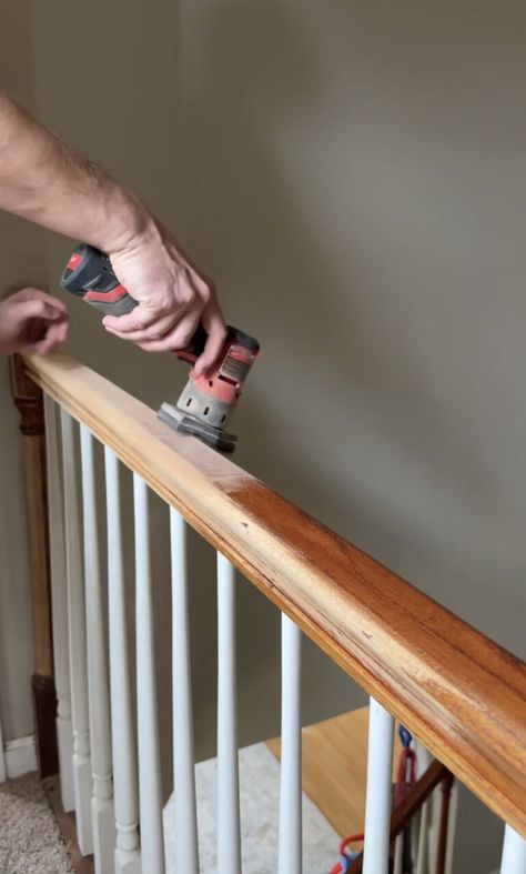 How to Refinish Staircase Railings #Post Title﻿ ﻿-﻿ ﻿#Site Title Replace Railing Staircases, Staircase Railing Diy Makeover, How To Refinish Stair Banister, How To Update Stair Banister, Change Stair Railing, Refinishing Stair Railing Banisters, Staining Banisters Railings, Staining Handrail Stair Railing, French Stair Railing