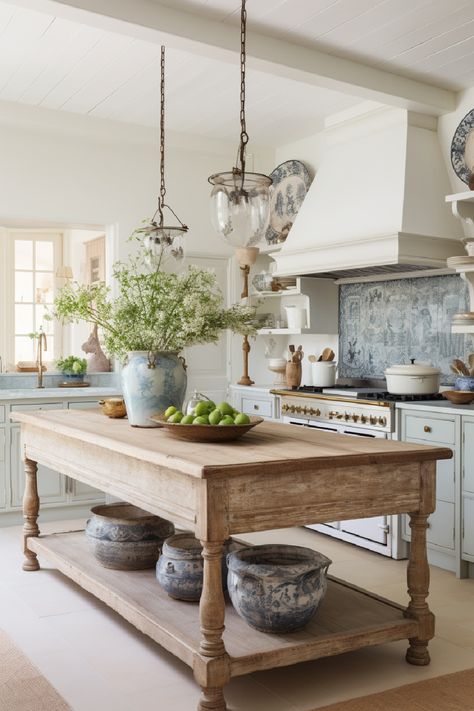 Blue Bedroom Inspirations, French Blue Kitchen, Cottage Core Kitchen, Modern Organic Home, French Country Decorating Kitchen, Diy Kitchen Projects, Blue Backsplash, Rustic Kitchen Island, Rustic Kitchen Cabinets