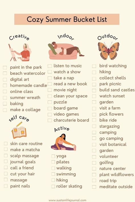 Self Bucket List, Getting Ready List, How To Have Aesthetic Life, How To Have A Fun Summer, Things To Do In Summer Aesthetic, Aesthetic Hobby Ideas, Every Aesthetic List, Summer Healing Aesthetic, Wellness Journal Aesthetic