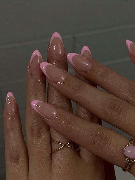 Pink  Collar   Colorblock Color Nails Embellished   Nail,Hand & Foot Care Basic Nail Extensions, Pink Fashion Design, Almond Nails Pink, Pink French Nails, Girly Acrylic Nails, Summery Nails, Basic Nails, Almond Nails Designs, Color Nails