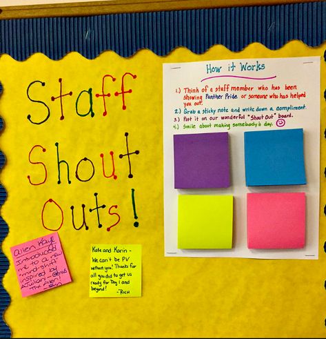 staff shout outs ! bulletin board Organisation, Staff Bulletin Boards, Morale Ideas, Teacher Morale, Work Bulletin Boards, Staff Appreciation Week, Morale Boosters, Staff Appreciation Gifts, Staff Morale