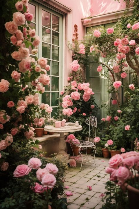 Beautiful Garden Aesthetic, Pink Flower Garden Aesthetic, Flower Garden At Home, Rose Garden Cottage, Rose Balcony Garden, Indoor Flower Garden Aesthetic, Roses In Greenhouse, Garden Aethstetic, Royal Rose Garden