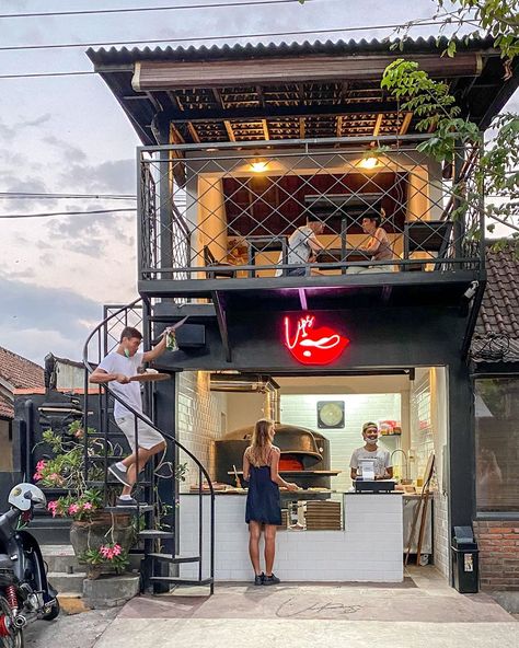 Outdoor Pizza Restaurant, Mini Shop Ideas, Pizza Bar Ideas, Small Pizza Shop, Beer Bar Ideas, Bali Cafe, Pizza Hot, Mini Cafe, Outdoor Restaurant Design
