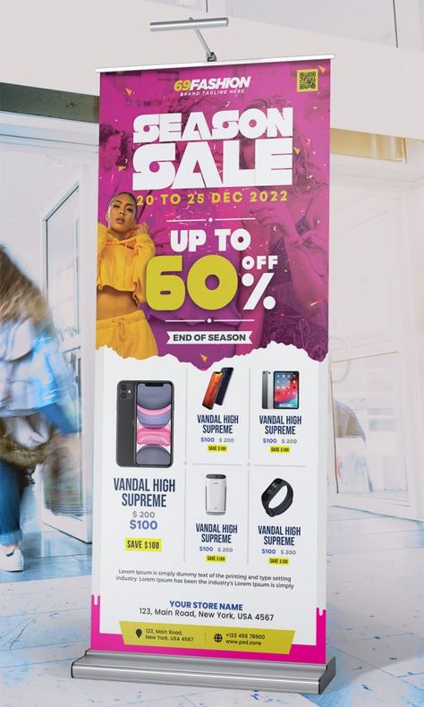 Season Sale Roll Up Standee Banner PSD - PSD Zone Standee Banner Design, Roll Up Stand Banner Design, X Banner Design Ideas, Standee Design Creative, Standee Design Ideas, Roll Up Banner Design Inspiration, Roll Banner Design, Banner Stand Design, Standing Banner