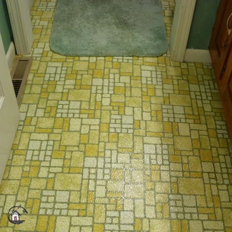 Remember this floor pattern from the swinging 70's? Check out the "before" pictures on this small bathroom remodel project. 70s Bathroom Wallpaper, Yellow Bathroom Floor, 1970’s Bathroom, 60s Bathroom Aesthetic, 70s Bathroom Aesthetic, 60s Bathroom Remodel, 1970s Bathroom Remodel, 70’s Bathroom, 70s House Decor