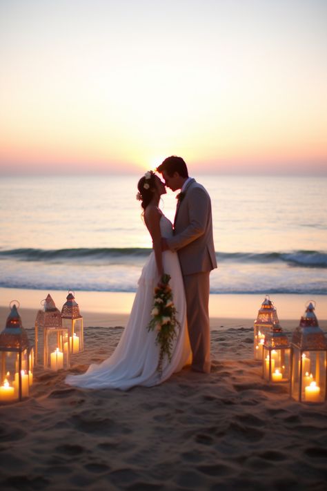 Pictures Of Beach Weddings, Wedding In Beach Ideas, Dream Wedding Aesthetic Beach, Beach October Wedding, Wedding Ideas At The Beach, Lantern Beach Wedding, Tangled Beach Wedding, Beach After Party Wedding, Beach Wedding At Sunset