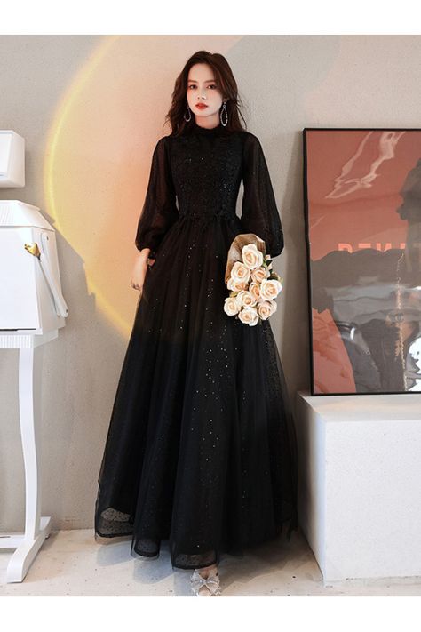 Black Modest Wedding Dress, Classy Prom Dresses Luulla, Bishop Sleeve Prom Dress, Prom Dress Modest Long Sleeve, Long Sleeve Black Ball Gown, Trendy Prom Dresses Long Sleeve, Prom Dress Modest Elegant, Black Tulle Dress Long Sleeve, Black Dress Long Sleeve Elegant