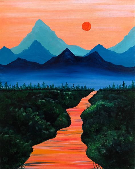 Landscape Design Paintings Easy, Pretty Sunsets Paintings, Auvergne, Sunset In The Mountains Painting, Painting Ideas On Canvas Mountains Sunset, Paint And Sip Landscape, Sunset Mountains Drawing, Mountain With Sunset Painting, Sip And Paint Paintings