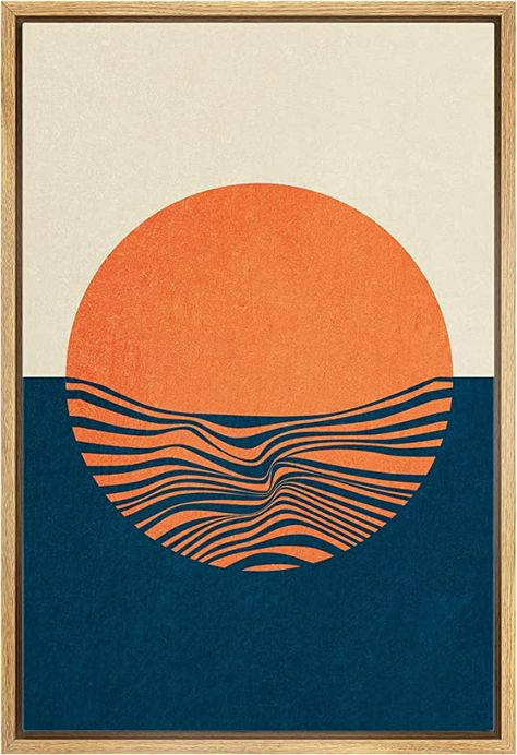 Amazon.com: IDEA4WALL Framed Canvas Print Wall Art Geometric Neon Orange Sun Ocean Wave Landscape Abstract Shapes Illustrations Modern Decorative Bohemian for Living Room, Bedroom, Office - 16"x24" Natural: Posters & Prints Art Prints Orange, Geometric Wave Design, Colorful Art Prints Wall Decor, Geometrical Painting Ideas, 70 Art Vintage 70s, Graphic Geometric Design, Abstract Wave Art, Abstract Poster Design Graphics, Bedroom Inspirations Nature