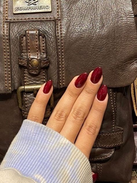 Gel Nails Wine Color, Deep Red Acrylic Nails Almond, Biab Nails With Extension, Fall Deep Red Nails, Cranberry Nails Fall Designs, Marron Nails Acrylic Almond, Wine Red Dip Powder Nails, Crimson Red Almond Nails, Christmas Red Nails Almond