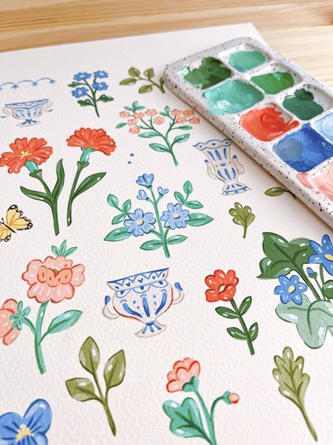 Hoglet & Co. 🌿 on Twitter: "Pretty painted florals 💛 #gouache https://t.co/Ot5qwT2NAJ" / Twitter Flower Painting Doodle, Colored Pencil Art Flowers, Gouache Pattern Painting, Japanese Flower Illustration, Gouache Easy Paintings, Gouache Flowers Tutorial, Gouache Flower Painting, Gouache Wallpaper, Watercolour Doodles