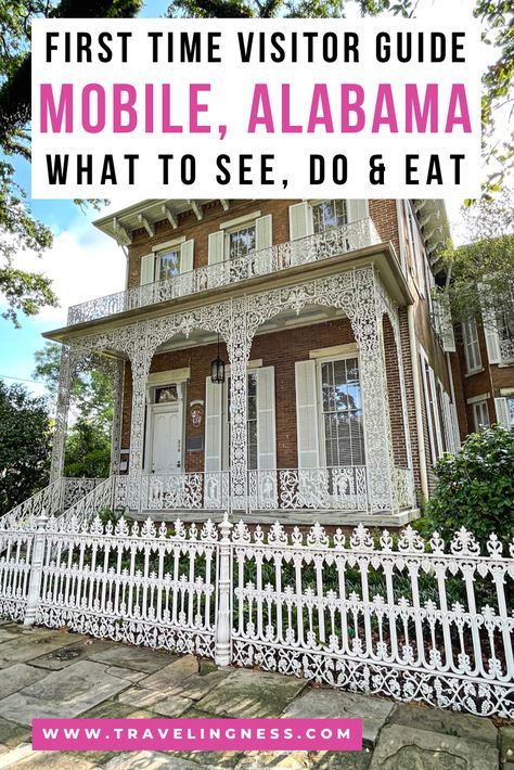 The front view of a beautiful old house in tan color with ornate white wrought iron fence and balconies in the historic district of Mobile. It’s one of the top things to do in Mobile, Alabama. Dauphin Street Mobile Alabama, Best Restaurants In Mobile Al, Southern Alabama Things To Do, Fun Things To Do In Alabama, Mobile Alabama Restaurants, Things To Do In Mobile Alabama, Alabama Things To Do, Mobile Alabama Things To Do In, Things To Do In Alabama