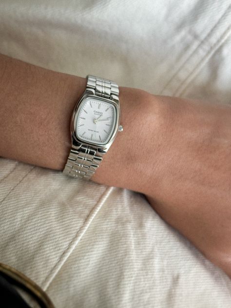 silver watch, silver accessory, silver jewelry, casio, casio watch, silver casio watch, silver aesthetic, dainty watch, dainty casio watch, dainty silver casio watch Watch Casio Women, Aesthetic Watches Women, Boyfriend Watch For Women, Simple Silver Watch Women, Analog Watch Women, Aesthetic Wrist Watch, Silver Jewellery Watch, Casio Silver Watch Woman, Silver Watch For Women