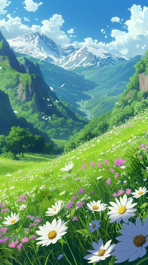 Studio Ghibli Background For Laptop, Ghibli Wallpaper Scenery, Dreamy Landscapes Painting, Tortie Cat Wallpaper, Fantasy Illustration Art Scenery, Nature Scenes Drawing, Anime Aesthetic Background Landscape, Ghibli Nature Wallpaper, Aesthetic Nature Anime