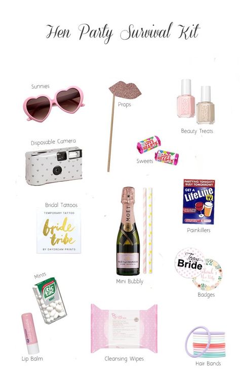 Planning to do hen party survival kits for the girls or bride-to-be? Check out some awesome things you can include! #henpartysurvivalkit Hen Party Survival Kit, Hen Do Party Bags, Survival Kit Ideas, Hen Ideas, Party Survival Kit, Classy Hen Party, Hangover Survival Kit, Hen Night Ideas, Hawaian Party