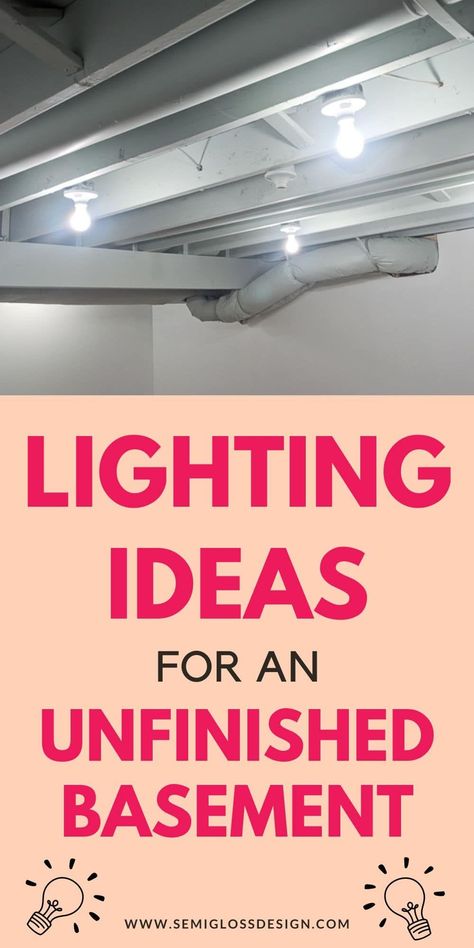 Get simple ideas for adding lights to an unfinished basement ceiling. Make your basement feel brighter. Open Basement Ceiling Lighting, Low Ceiling Finished Basement, Lights For Exposed Basement Ceiling, Cheap Ceiling Ideas Diy Basement, Basement Lighting Exposed Ceiling, Cover Basement Ceiling, Exposed Basement Ceiling Lighting, Low Ceiling Basement Ideas, Basement Bathroom Decor