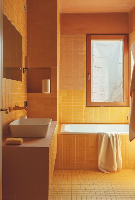 Bringing back 70s bathroom design with timeless elegance and retro vibes Vintage Bathroom Tiles, Bathroom Vanity Vintage, Bathroom Ideas Vintage, Bathrooms Lighting, Yellow Tile Bathroom, Vintage Bathroom Inspiration, Vintage Bathroom Design, 70s Bathroom Decor, Plywood Bathroom