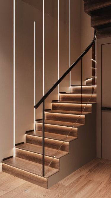 Get inspired by our blog to make your smart home more luxurious and comfortableSuch a cozy vibe with the lighting for these stairs Stairs Lighting Ideas, Staircase Wall Lighting, Craftsman Stairs, Modern House Lighting, Stairs Space Ideas, Stairs Wall Design, Contemporary Staircase Design, Under Stairs Space, Stair Wall Lights