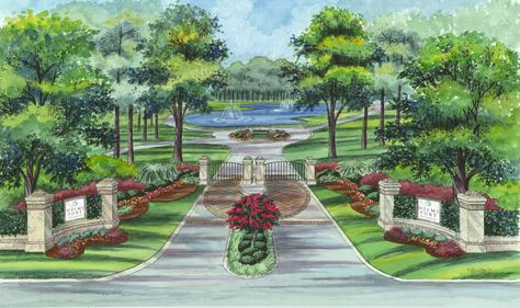 This is a rendering of what the entrance will look like to this beautiful community. Garden Design, Exterior, Tours, Front House Landscaping, Gated Community, Driveway Entrance, Landscaping Entrance, Subdivision Entrance, Garden Entrance