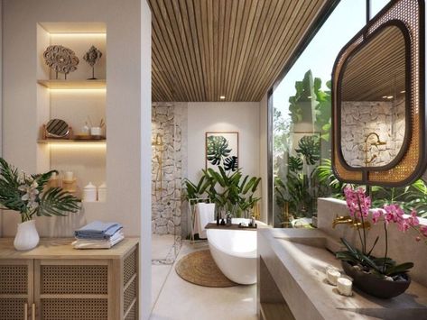 Larger primary bathrooms might have ample opportunities for modern elements, but make no mistake that smaller spaces can make a stylish splash, too. Balinese Bathroom, Balinese Interior, Bali Style Home, Modern Bathroom Ideas, Bali House, Open Concept Layout, Tropical House, Bedroom With Ensuite, Spacious Living