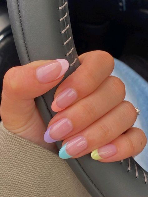French Nails Multicolor, Colored French Tip Almond Nails, Multicolored French Tips, Short Round Acrylic Nails, Ongles Gel French, Simple Spring Nails, Summery Nails, Pink Gel, Nagel Inspo