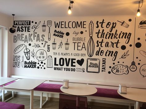 Wall in cafe on Behance Cafe Quotes Wall, Cafe Wallpaper Design, Cafe Wall Design Ideas Interiors, Cafe Decor Ideas Wall Art, Wall Painting Ideas Cafe, Restaurant Wall Painting Ideas, Cafe Wall Art Creative, Cafe Mural Ideas, Restaurant Wall Design Ideas