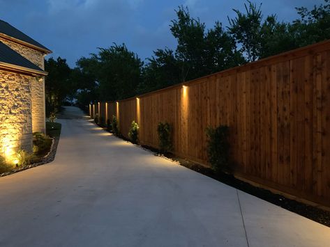 Fence Outdoor Lighting, Long Fence Ideas, Fence Uplighting, Fence Lights Ideas, Garden Fence Lights, Garden Fence Lighting, Privacy Fence Lighting Ideas, Backyard Landscape Lighting, Solar Lights Ideas Outdoor Fence