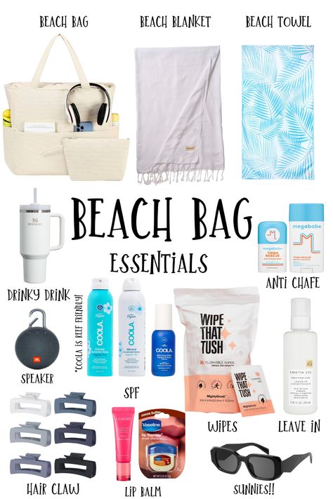 beach bag essentials for this summer ! everything is linked <3 beach bag essentials + beach + bag + summer essentials + summer + road trip + vacation + beach bag + summer bag + self care + it girl + clean girl + beach bag must haves + amazon + linked + spf + sun Pool Party Bag Essentials, Travel Essentials Beach Vacations, What To Pack On A Beach Trip, Beach Picnic Essentials, Packing List For The Beach Vacation, Beach Day Necessities, What To Pack In Your Pool Bag, Swimming Packing List, Carry On Essentials Woman