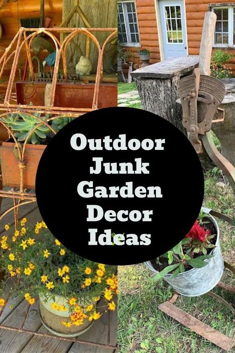 More of my friend Dana's awesome outdoor decor ideas! Cool vintage pieces, all tastefully and strategically placed around the yard and gardens. #junk #junkgarden #gardenjunk #rusticdecor #rusticgarden Upcycling, Rustic Outdoor Planter Ideas, Front Yard Diy Decor, Lawn And Garden Decor, Antique Yard Art, Vintage Yard Art, Garden Upcycling Ideas, Garden Recycle Ideas Upcycling, Vintage Garden Ideas Rustic