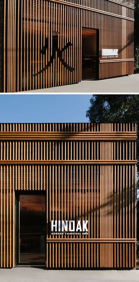 A Vertical Wood Exterior Is the Face Of This New Korean BBQ Restaurant White Signage, Restaurant Facade, Korean Bbq Restaurant, Restaurant Exterior Design, Woods Restaurant, Restaurant Exterior, Wood Facade, Wood Exterior, Exterior Signage