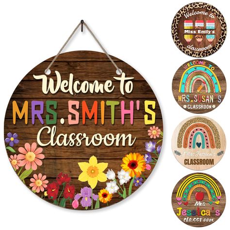 PRICES MAY VARY. Teacher Signs: Choose the unique teacher wreath designs you want, Click "Customize Now", and Input your teacher's name or text. Size: Circle Diameter: 9.84 inch, Thickness:0.12 inch. Package included: 1 x Wooden Door Sign and 1 x Rustic Jute Rope, easy hanging. Great Decorate for preschool, kindergarten, grade school, middle school, or high school classroom, door and wall decorations. Material: Our wood sign is made of natural wood, durable, and lightweight. The patterns of our Welcome Sign Classroom Door, Teacher Door Wreaths, Teacher Door Decor, Welcome Sign Classroom, Door Name Tags, Classroom Welcome Sign, Sign For Classroom, Teacher Welcome Signs, Classroom Wreath