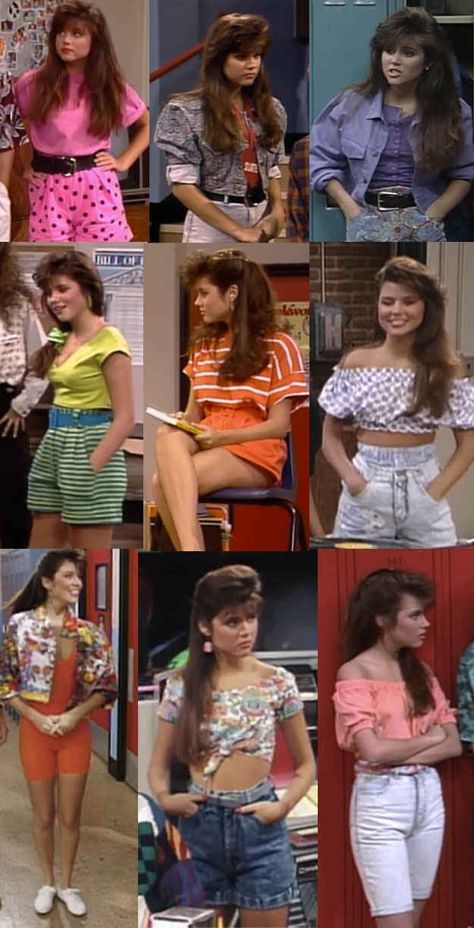 Kelly's girl-next-door high-waisted shorts/crop tops/shoulder baring. | The Ultimate Guide To "Saved By The Bell" Fashion Saved By The Bell Fashion, Style Année 80, Look 80s, Style Année 90, Fashion Show Party, 80s Party Outfits, Fashion 1980s, 80s Fashion Trends, 80’s Fashion