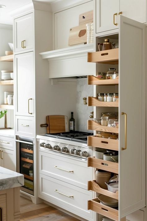 17 Clever Tiny House Kitchen Storage Ideas For Small Spaces Small Kitchen Hidden Storage, Small Custom Kitchen Ideas, Kitchen Designs For Small Spaces, Adding Walk In Pantry To Kitchen, Coolest Kitchen Features, Small Kitchen Pantry Design Ideas, Maximize Space In Small Kitchen, Kitchen Cabinets Details, Refrigerator Ideas For Small Kitchen