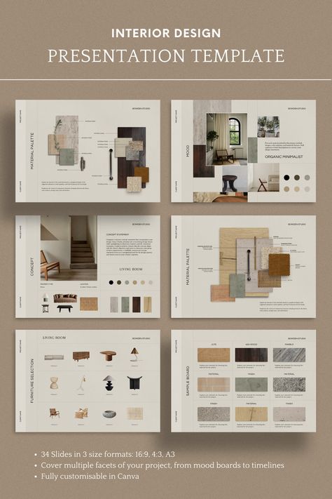 Interior Design Presentation Template, Canva and Adobe InDesign Interior Presentation, Interior Design Portfolio Layout, Materials Board Interior Design, Indesign Layout, Interior Design Template, Presentation Board Design, Interior Design Layout, Architecture Portfolio Design, Presentation Design Layout