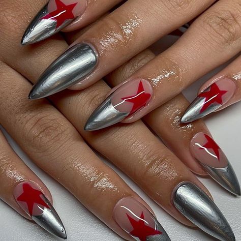 Red Nail, Crome Nails, Chrome Nails Designs, Nails Yellow, Aycrlic Nails, Nagel Inspo, Metallic Nails, Cat Kuku, Star Nails