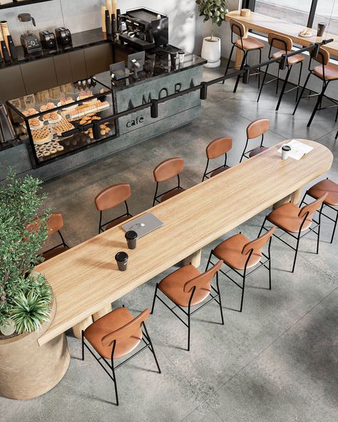 Workspace Cafe Design, Long Cafe Table, Social Table Cafe, Cafetaria Office Design, Coffee Shop Meeting Room, Co Working Cafe Design, Cafe Window Seating Ideas, Coffee Shop Coworking Space, Cafe Communal Table