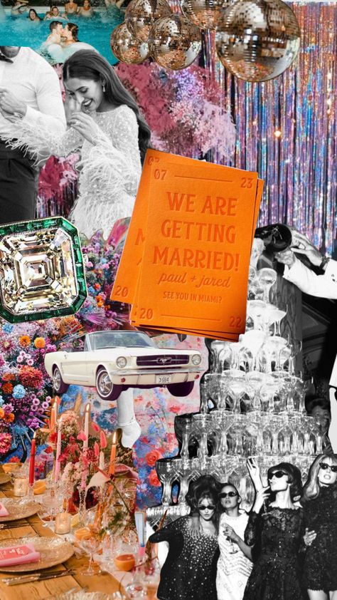 Engagement Party Mood Board, Eclectic Engagement Party, Wedding Collage Aesthetic, Vintage 70s Wedding Aesthetic, Funky Wedding Theme, 70s Backyard Wedding, 70s Mood Board, Muppet Wedding, Campy Wedding