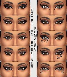 10 Egyptian Eyeliners by Simmiller at Mod The Sims via Sims 4 Updates Egyptian Eyeliner, Egyptian Make Up, Egyptian Eye Makeup, Egypt Makeup, Make Up Eyeliner, Cleopatra Makeup, Egyptian Makeup, Egyptian Party, Permanente Make-up