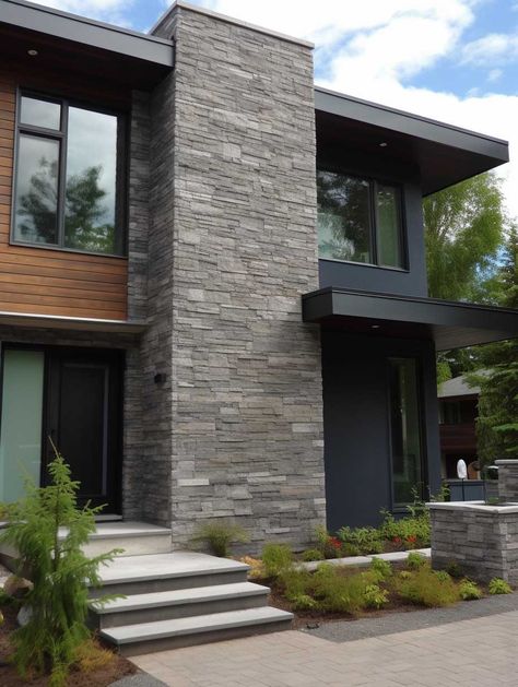 17+ Stunning Exterior Natural Stone Cladding Trends to Watch • 333+ Images • [ArtFacade] Grey Building Exterior, Modern Exterior Stone Wall Design, Stone Texture Wall Exterior House, Stone And Wood House Exterior Modern, Modern Stone Facade Exterior, External House Cladding, Natural Stone Facade Architecture, Gray Stone House Exterior Modern, Front Wall Tiles Design Of House Exterior