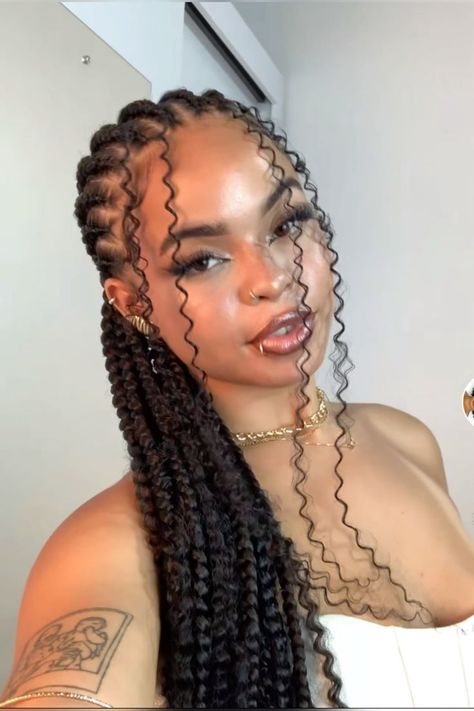 Half Up Half Down Updo Black Women, 6-8 Feed In Braids Cornrows, Two Stitch Braids With Weave, Star Cornrows Braids, Mixed Girl With Braids, Styling Braids Black Women, Curly Cornrows, Women Cornrow Hairstyles, Graduation Braids