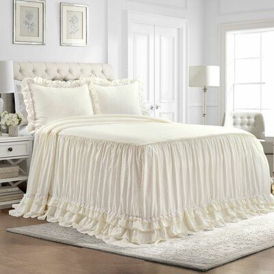 This charming bedspread set will add a touch of feminine style to any bedroom or dorm room. The lace trim and layers of ruffles add flair to an otherwise minimalist look that can fit well in the farmhouse, Shabby Elegance, traditional or French Country themes. Color: Ivory, Size: King Bedspread + 2 King Shams | One Allium Way® Jadyn Shabby Elegance Ruffle Lace 3Pc Bedspread Set Microfiber in White | King Bedspread + 2 King Shams | Wayfair | Home Decor Infographic Cv, Ruffle Bedspread, Parisian Vintage, Lace Bedspread, Queen Bedspread, Big Girl Bedrooms, Estilo Shabby Chic, Lush Decor, Shabby Chic Bedroom