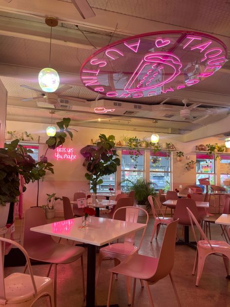 tacos restaurant aesthetic trendy pink cute places to eat Pink Restaurant Aesthetic, Pink Cafe Aesthetic, Cute Restaurant, Austin Trip, Pink Restaurant, Trendy Restaurant, Michigan Food, Aesthetic Restaurant, Pink Cafe