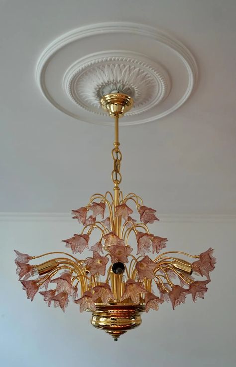 For Sale on 1stDibs - Elegant Italian brass and pink Murano glass chandelier. The light requires 12 single E14 screw fit lightbulbs (40 Watt max.) LED compatible. Measures: Design, Trieste, Milan, Ideas, Chandelier Pendant Lights, Murano Glass Chandelier, Glass Chandelier, Brass Chandelier, Murano Chandelier